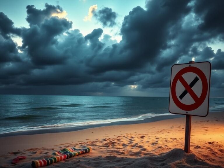 Flick International Warning sign at a beach indicating contaminated water with a red 'No Swimming' symbol