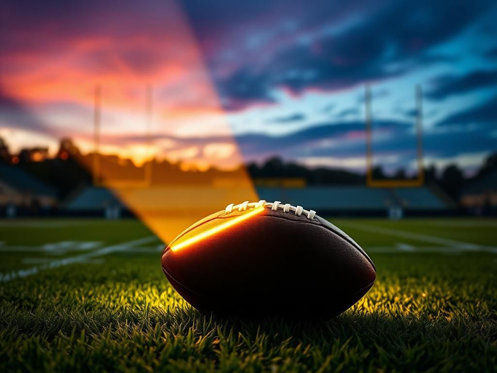 Flick International Close-up of a football on a Pittsburgh Steelers field during twilight