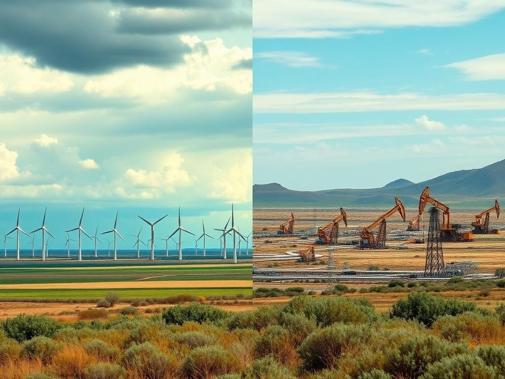 Flick International A divided energy landscape showcasing a wind farm and oil rigs