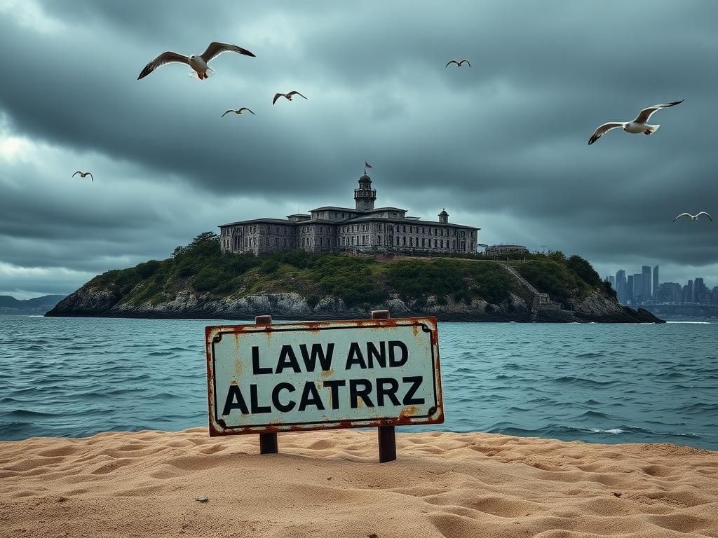 Flick International Panoramic view of Alcatraz Island under a stormy sky, showing historic prison buildings overgrown with ivy and cracked walls.