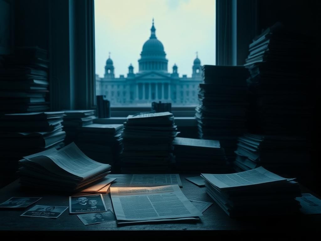 Flick International Dimly lit room filled with legal documents related to the Epstein case