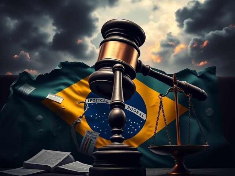 Flick International A judicial gavel in front of a tattered Brazilian flag, symbolizing political turmoil.