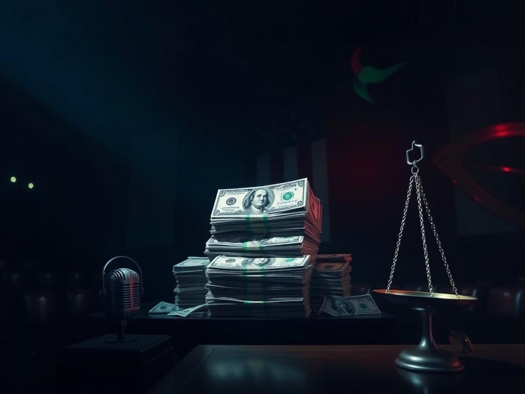 Flick International Stylized representation of a large stack of dollar bills surrounded by public broadcasting and foreign aid symbols