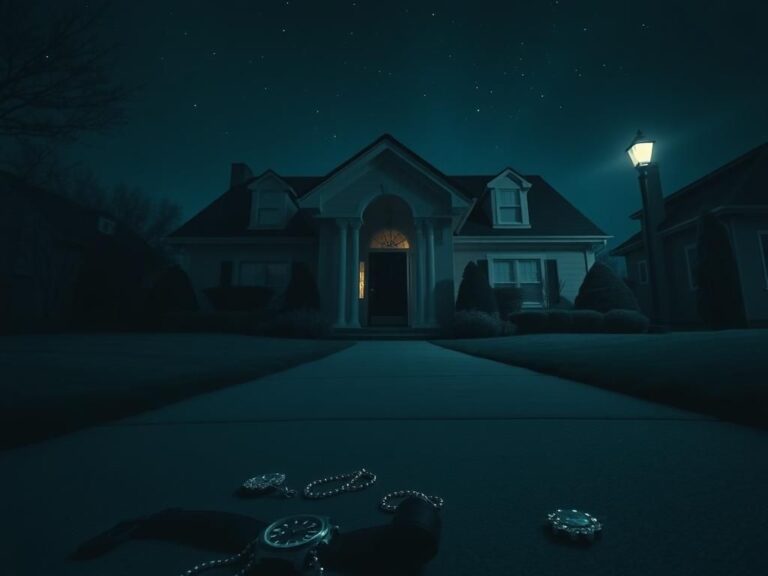 Flick International Dimly lit suburban home with signs of forced entry during a burglary incident