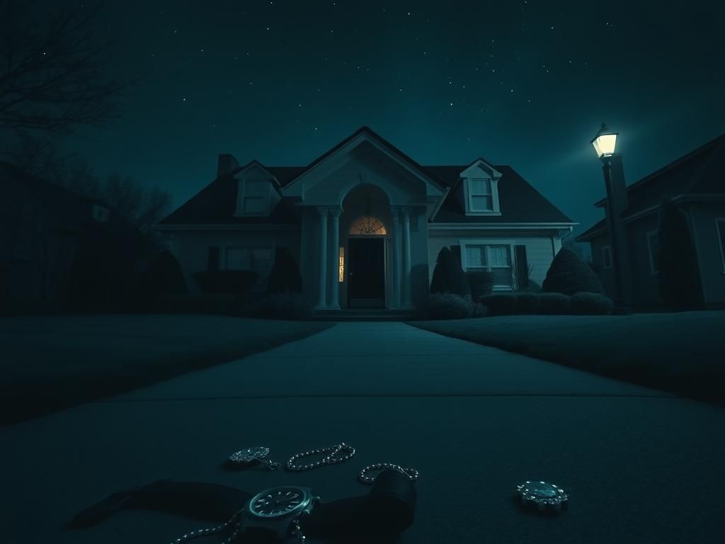 Flick International Dimly lit suburban home with signs of forced entry during a burglary incident