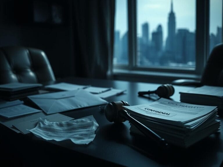 Flick International Dimly-lit office with legal documents and a gavel representing a legal dispute