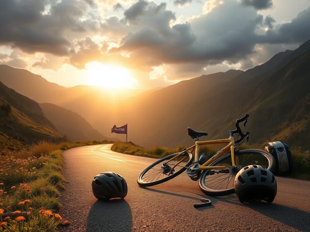 Flick International Abandoned bicycle and cracked helmet after tragic cycling accident in the Italian Alps