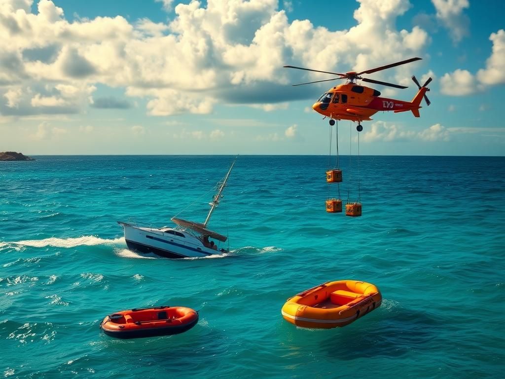 Flick International Coast Guard helicopter rescuing a family from a partially submerged sailing vessel near the Bahamas