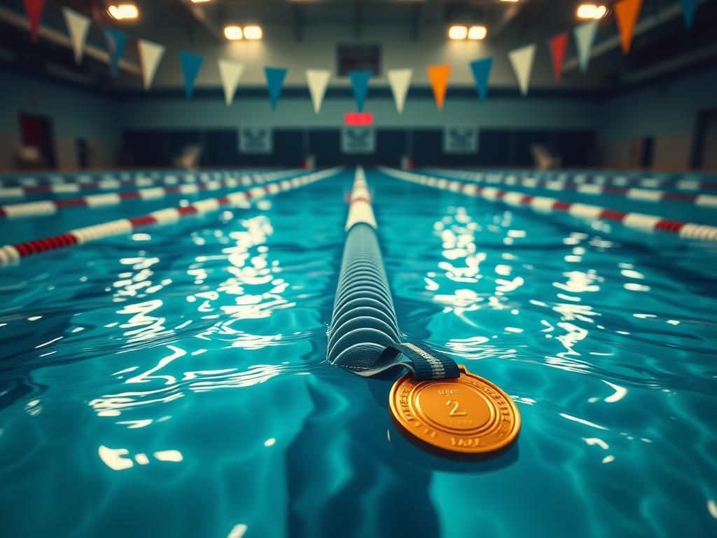 Flick International Swimming pool scene with empty lanes reflecting lights and a gold medal on the deck