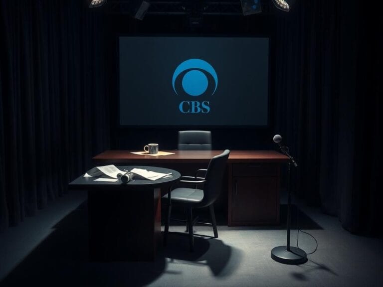 Flick International Dimly lit late-night television studio set with an empty desk and chair symbolizing the cancellation of Stephen Colbert's Late Show