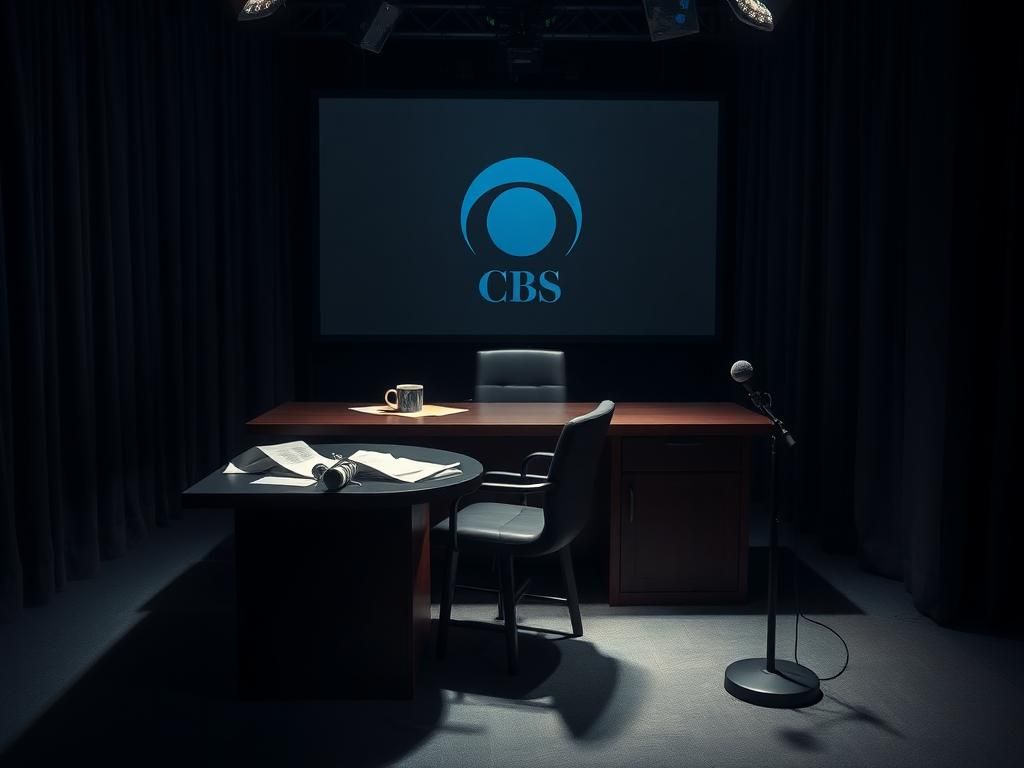 Flick International Dimly lit late-night television studio set with an empty desk and chair symbolizing the cancellation of Stephen Colbert's Late Show