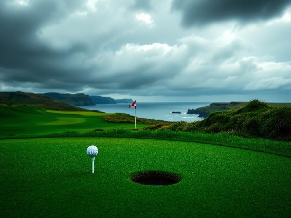 Flick International Dramatic view of the par-4 10th hole at Royal Portrush Golf Club during The Open Championship with dark clouds overhead.