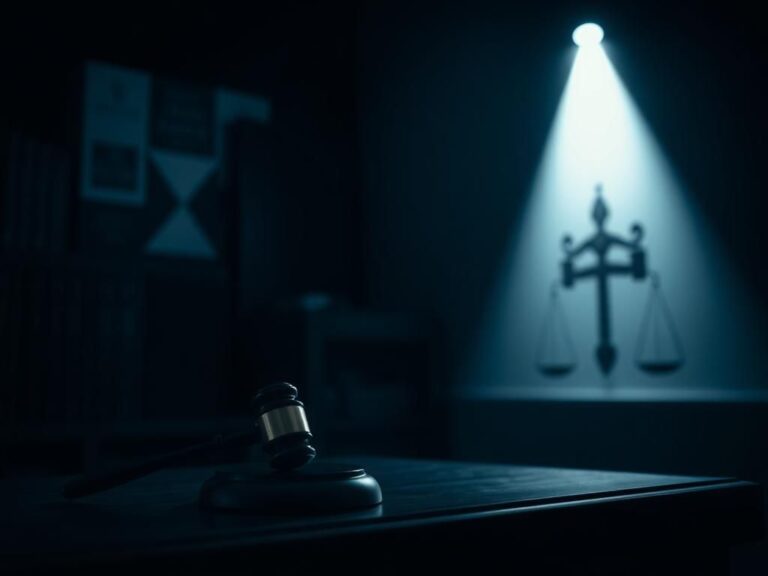 Flick International Dimly lit courtroom with an empty jury box and a gavel on the judge's bench