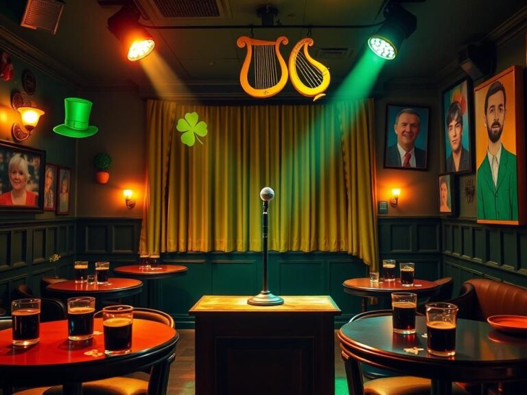 Flick International Empty microphone stand on a wooden stage in a vibrant Dublin comedy club