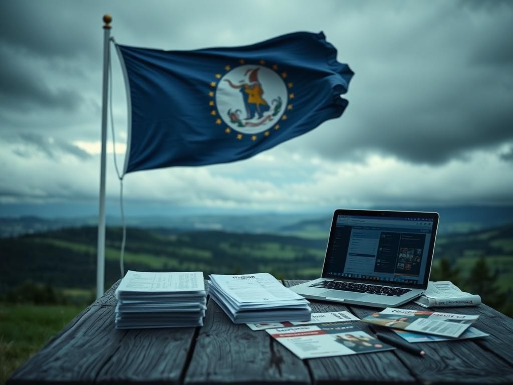 Flick International Virginia state flag billowing against a cloudy sky with job applications and a laptop in the foreground