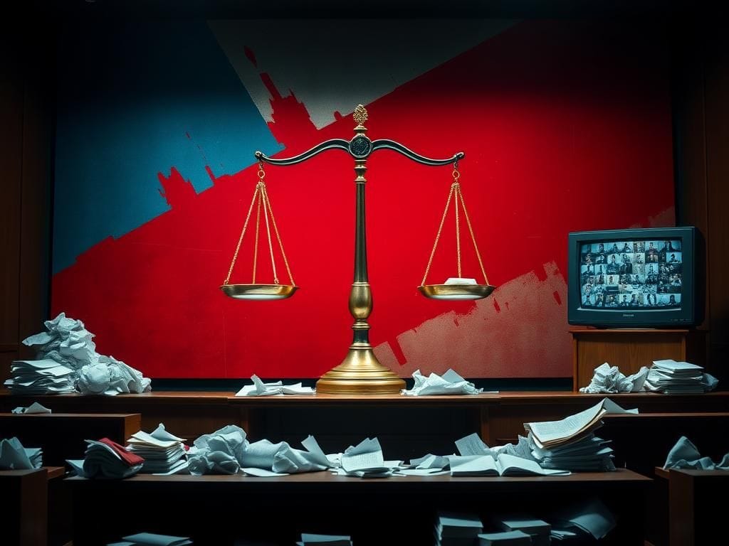 Flick International Dramatic courtroom scene with an empty witness stand reflecting a contentious debate on race and media