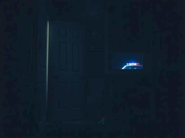 Flick International A dimly lit interior of a modest home with a closed bathroom door and a child's toy, symbolizing fear and protection in domestic violence situations.