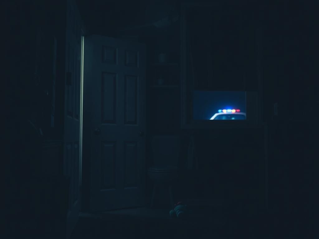 Flick International A dimly lit interior of a modest home with a closed bathroom door and a child's toy, symbolizing fear and protection in domestic violence situations.