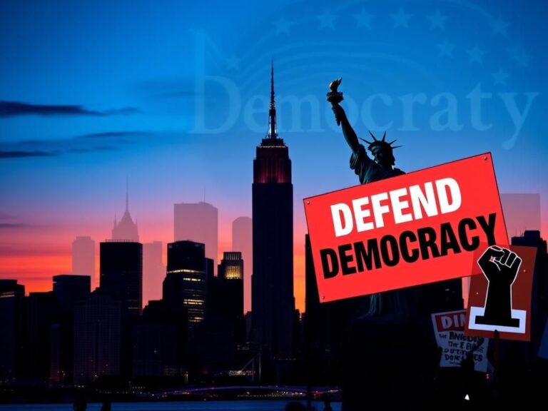 Flick International Prominent New York City skyline at dusk with the Statue of Liberty and a bold 'Defend Democracy' sign