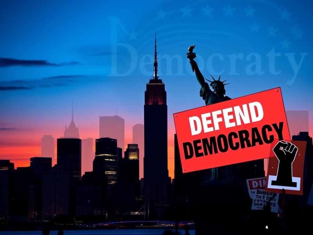Flick International Prominent New York City skyline at dusk with the Statue of Liberty and a bold 'Defend Democracy' sign