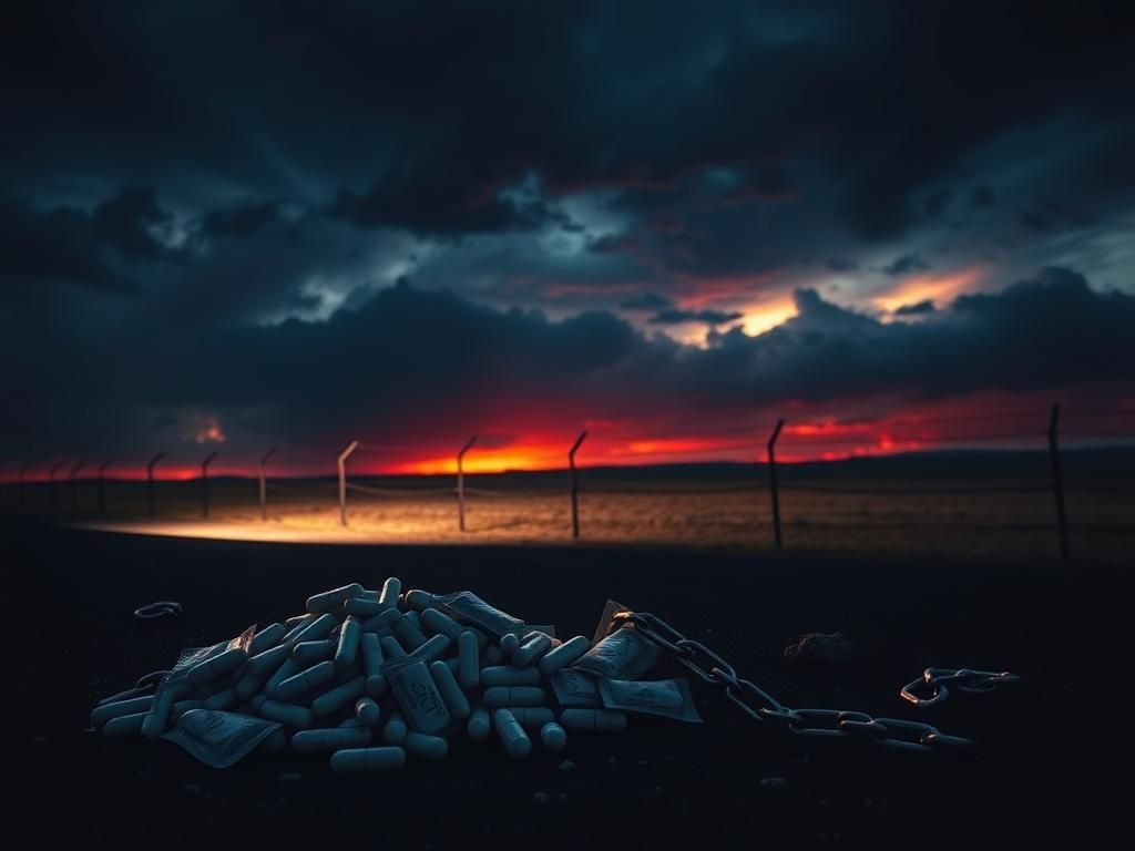 Flick International Pile of seized fentanyl pills and methamphetamine bags illuminated at the U.S.-Mexico border