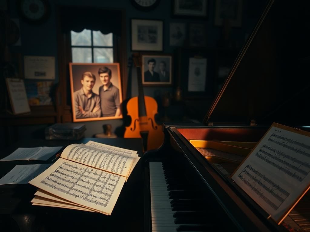 Flick International Dimly lit room with a grand piano, vintage musical instruments, and nostalgic memorabilia