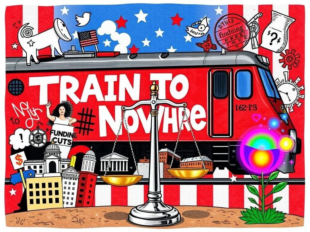 Flick International A vibrant collage symbolizing political themes with a stylized train and balancing scales.