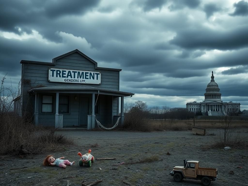 Flick International Somber scene of a dilapidated gender clinic building overrun with weeds, symbolizing the debate over transgender treatments for minors.