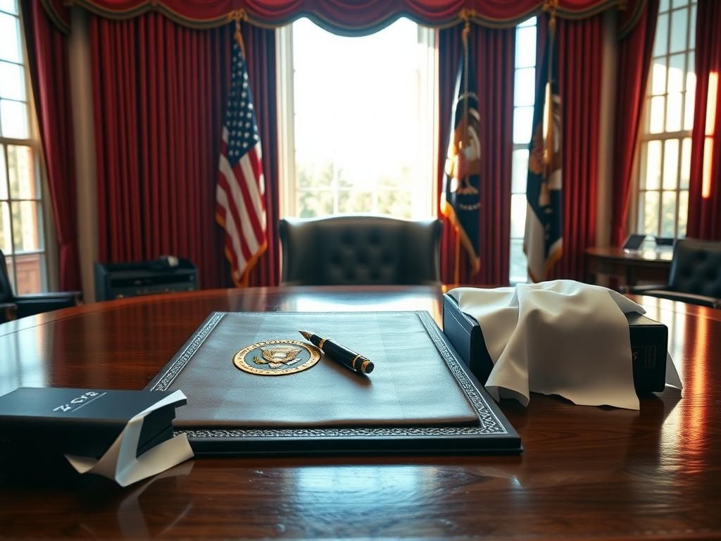 Flick International Elegant wooden desk in the Oval Office with a fountain pen and presidential document