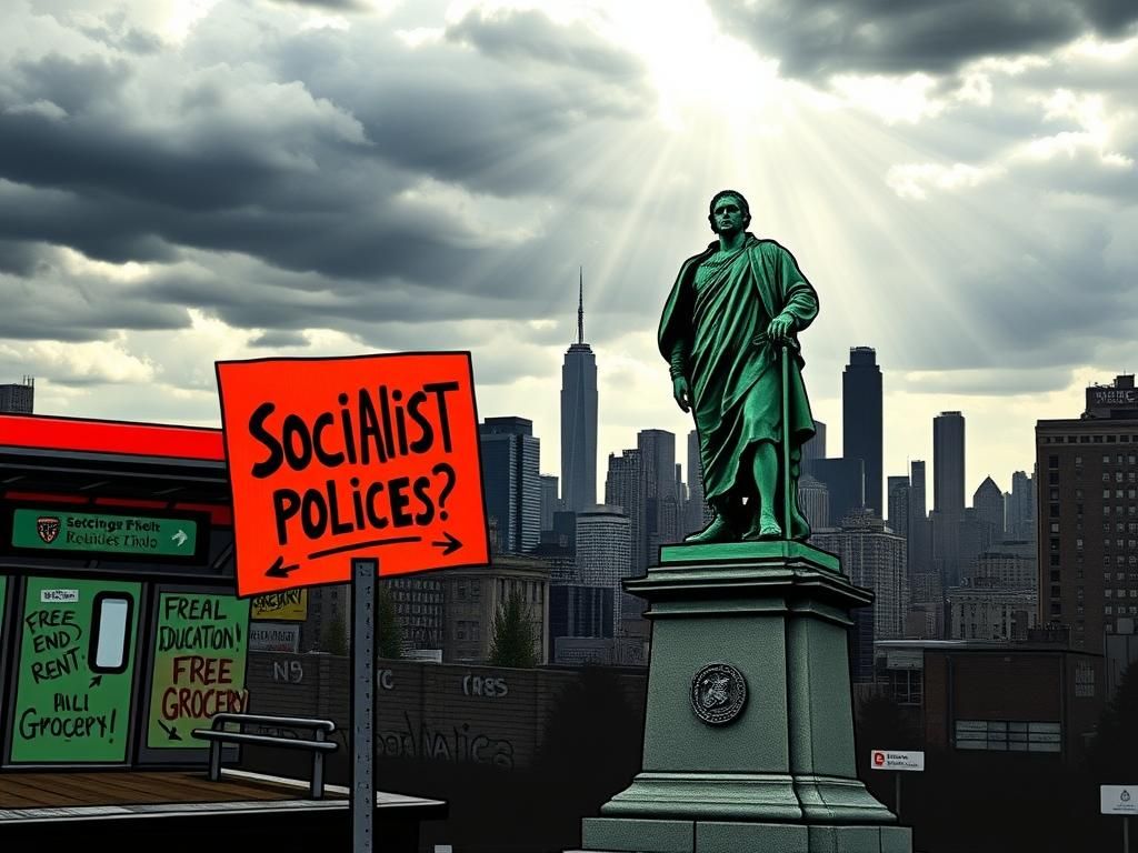 Flick International Urban landscape of New York City with a statue of Christopher Columbus and a protest sign
