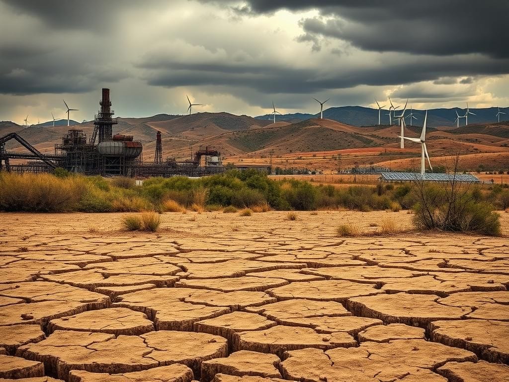 Flick International A dramatic California landscape showing dry earth and an abandoned oil refinery symbolizing the struggle for sustainable energy.