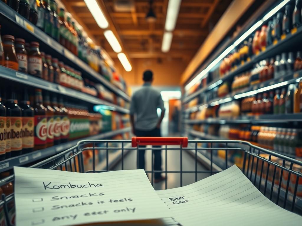 Flick International A surreal grocery store aisle with various kombucha bottles and a shadowy figure in the background.