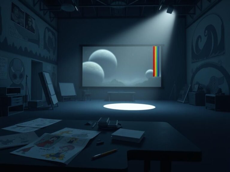 Flick International Dimly lit abstract representation of a deserted Pixar studio with muted colors and a sense of melancholy.