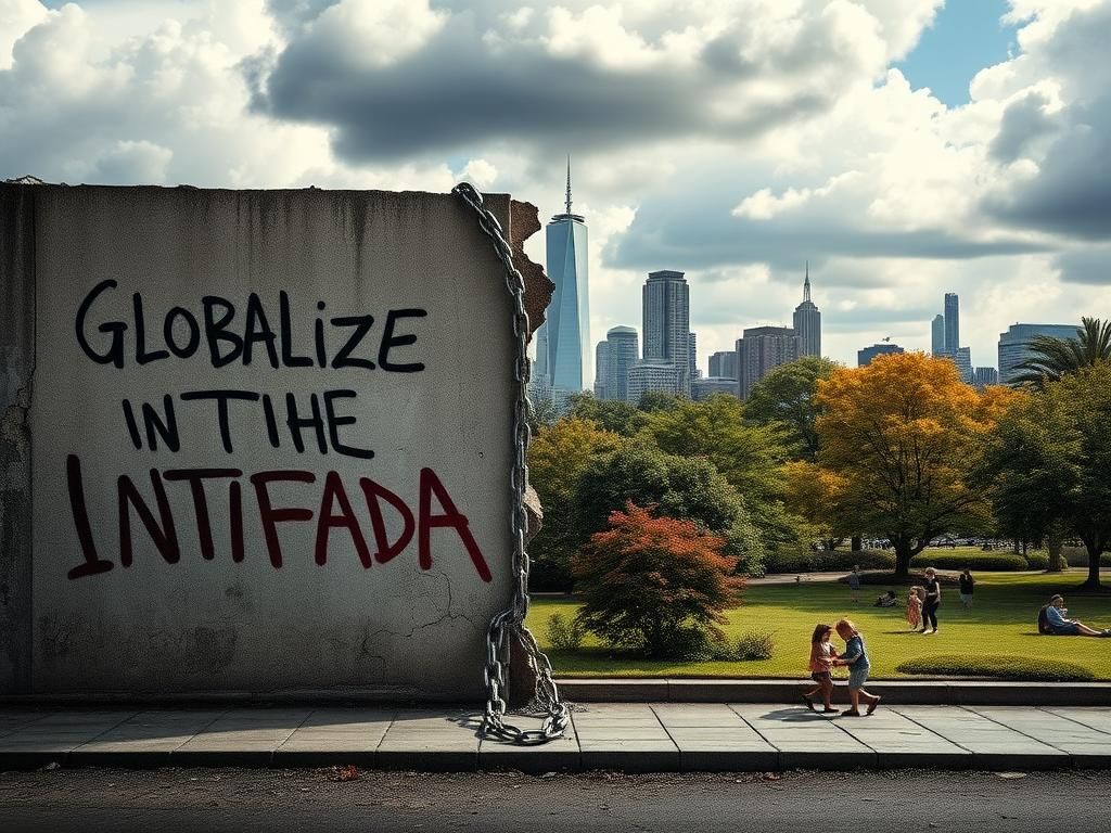 Flick International A divided urban landscape symbolizing political conflict, featuring a crumbling wall with graffiti and a vibrant park scene.