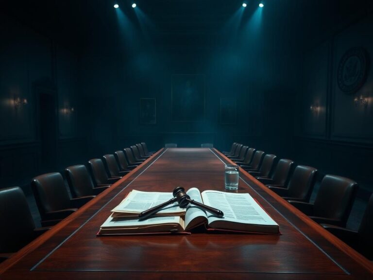 Flick International Dimly lit congressional hearing room with a polished wooden table and empty chairs