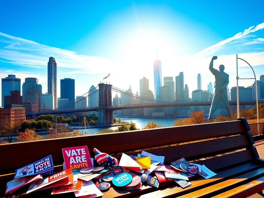 Flick International Vibrant NYC cityscape showcasing Brooklyn Bridge and political campaign materials