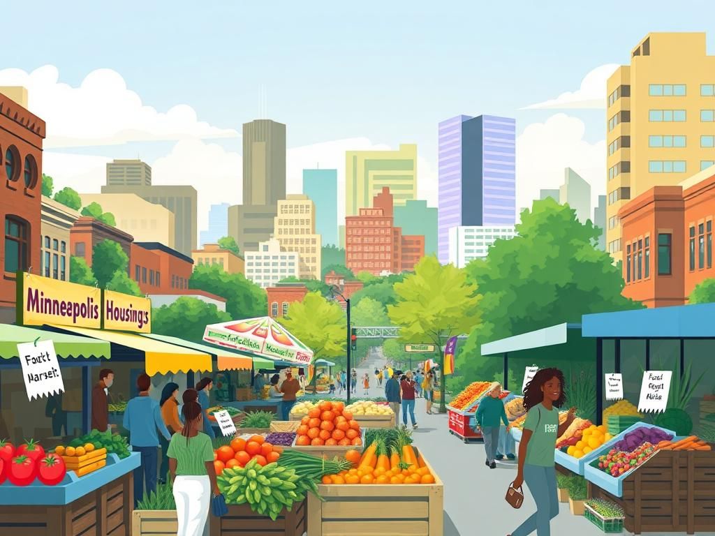 Flick International Bustling urban landscape of Minneapolis showcasing local market scene with fresh produce and local goods