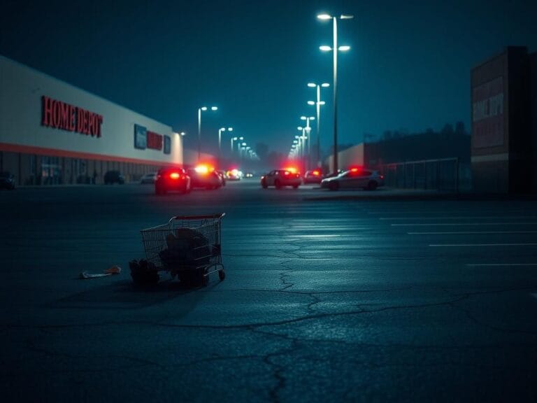 Flick International Dimly lit Home Depot parking lot with discarded items and police vehicles in the distance