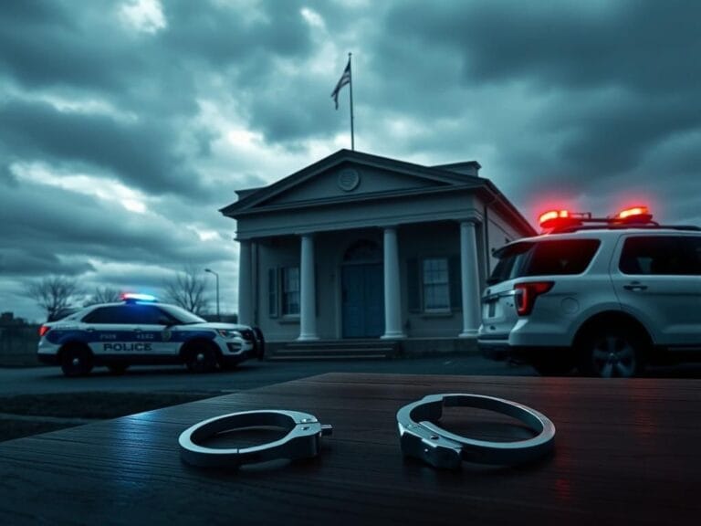 Flick International Exterior view of a modest political headquarters with a police vehicle parked outside, symbolizing ongoing investigations.