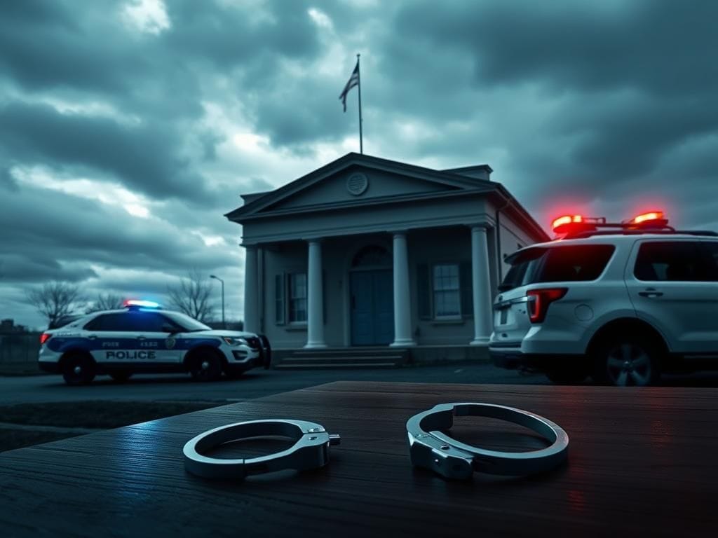 Flick International Exterior view of a modest political headquarters with a police vehicle parked outside, symbolizing ongoing investigations.