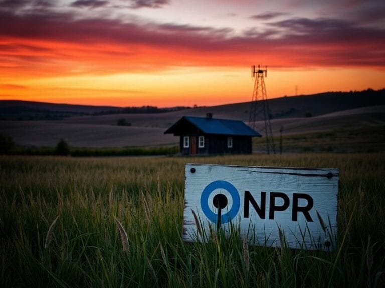 Flick International A serene rural NPR radio station set against a dusk sky