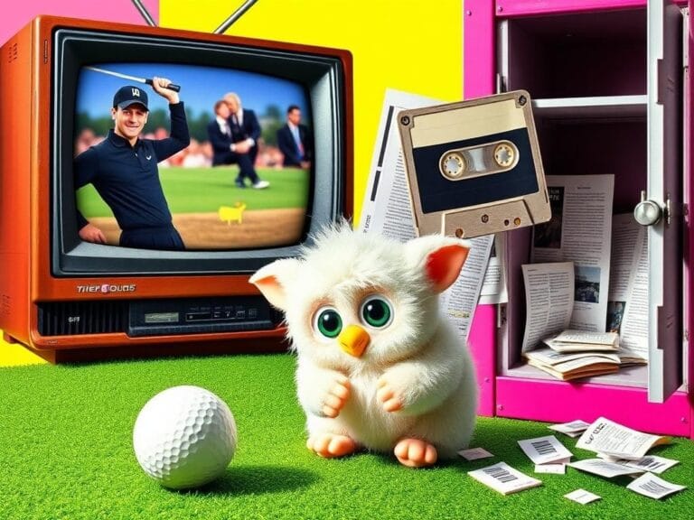 Flick International A vibrant collage capturing iconic moments of the 1990s, including Tiger Woods’ Masters win and the tragic Columbine events.