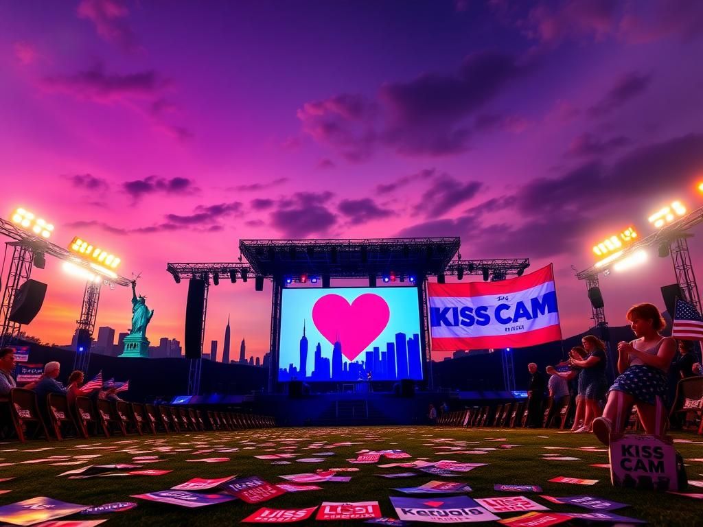 Flick International Empty concert venue with 'Kiss Cam' screen amidst iconic NYC landmarks