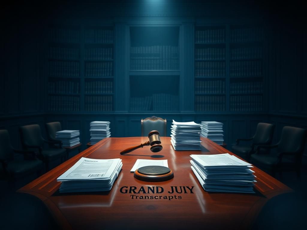 Flick International Empty jury box with legal documents and grand jury transcripts symbolizing justice in the Epstein case