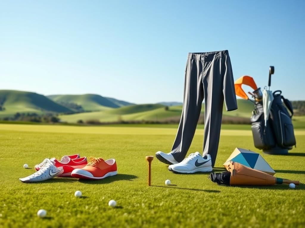 Flick International Elegant golf apparel arranged on a tee with a serene golf course backdrop