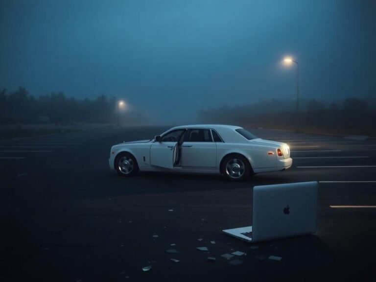 Flick International Abandoned white Rolls-Royce with open driver's door on a foggy road