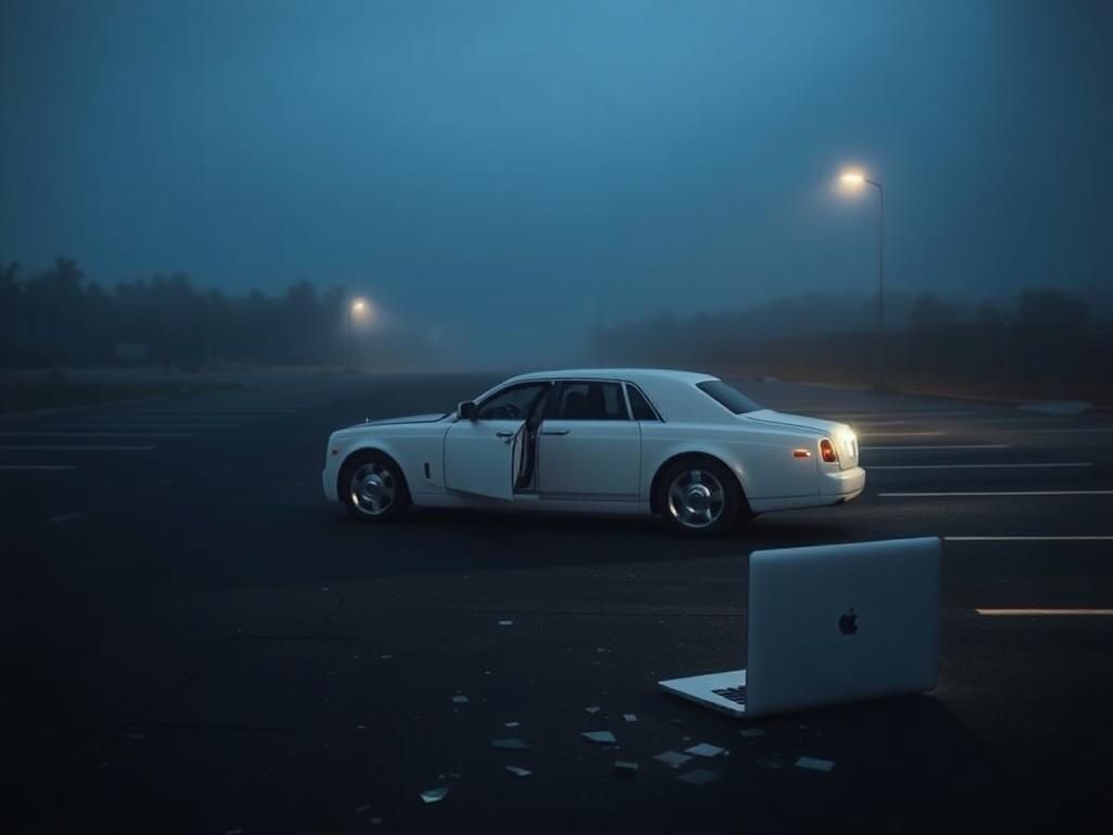 Flick International Abandoned white Rolls-Royce with open driver's door on a foggy road