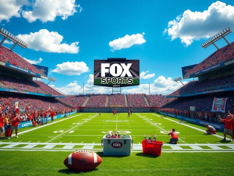 Flick International A lively college football stadium filled with enthusiastic fans and Barstool Sports and FOX Sports logos.