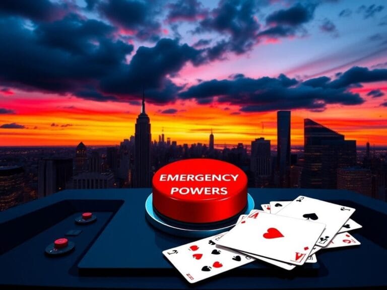 Flick International Dramatic skyline of New York City at dusk with prominent landmarks and an ominous control panel