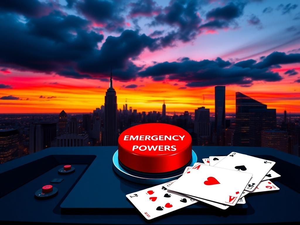 Flick International Dramatic skyline of New York City at dusk with prominent landmarks and an ominous control panel